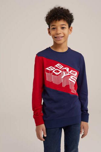 WE Fashion longsleeve donkerblauw rood Jongens Katoen Ronde hals Meerkleurig 110 116 - Foto 3