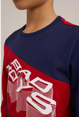 WE Fashion longsleeve donkerblauw rood Jongens Katoen Ronde hals Meerkleurig 110 116 - Foto 2