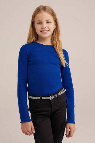 WE Fashion longsleeve hardblauw Meisjes Stretchkatoen Ronde hals Effen 134 140 - Foto 2