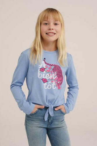 WE Fashion longsleeve Harlow met printopdruk lila roze Paars Meisjes Stretchkatoen Ronde hals 110 116