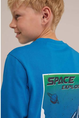 WE Fashion longsleeve met backprint blauw Jongens Katoen Ronde hals Backprint 122 128