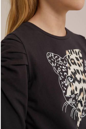 WE Fashion longsleeve met printopdruk antraciet Grijs Meisjes Katoen Ronde hals 146 152