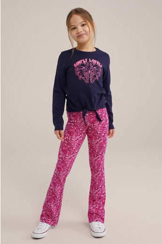 WE Fashion longsleeve met printopdruk donkerblauw Meisjes Katoen Ronde hals 110 116 - Foto 2
