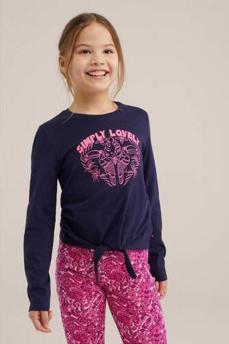 WE Fashion longsleeve met printopdruk donkerblauw Meisjes Katoen Ronde hals 110 116 - Foto 3