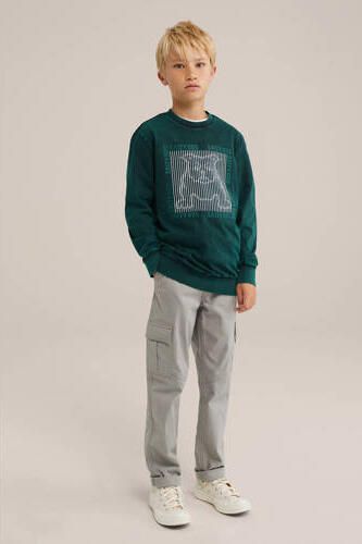 WE Fashion longsleeve met printopdruk donkergroen wit Jongens Katoen Ronde hals 122 128 - Foto 1