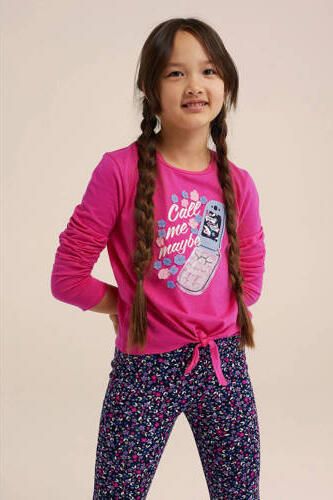 WE Fashion longsleeve met printopdruk felroze Meisjes Stretchkatoen Ronde hals 122 128 - Foto 3