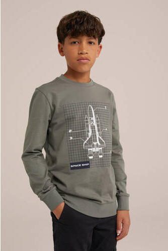 WE Fashion longsleeve met printopdruk grijsgroen Jongens Katoen Ronde hals 134 140 - Foto 2