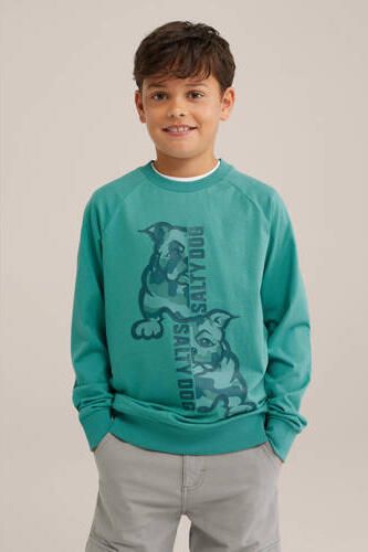 WE Fashion longsleeve met printopdruk groen Jongens Katoen Ronde hals Printopdruk 110 116