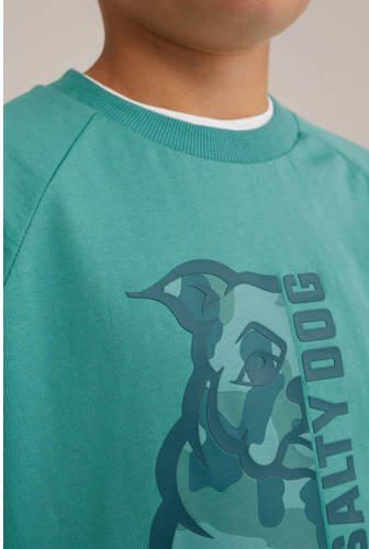 WE Fashion longsleeve met printopdruk groen Jongens Katoen Ronde hals Printopdruk 146 152 - Foto 2