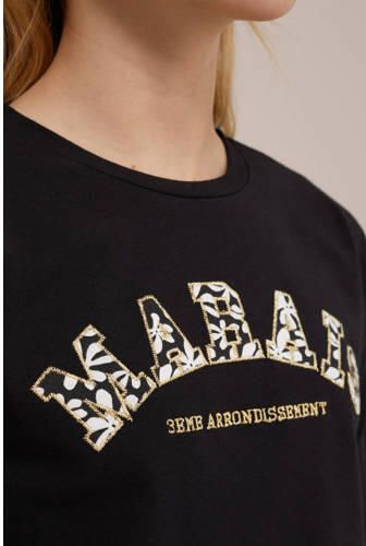 WE Fashion longsleeve met printopdruk zwart Meisjes Stretchkatoen Ronde hals 170 176