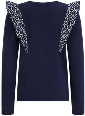 WE Fashion longsleeve met ruches donkerblauw Meisjes Stretchkatoen Ronde hals 110 116