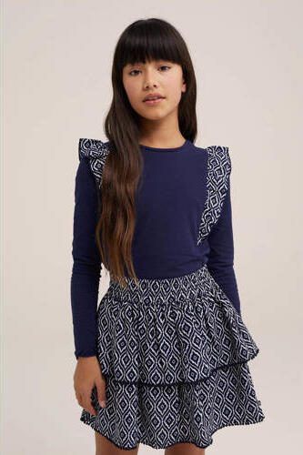 WE Fashion longsleeve met ruches donkerblauw Meisjes Stretchkatoen Ronde hals 110 116 - Foto 2