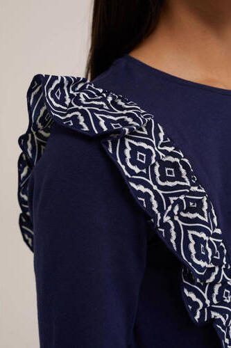 WE Fashion longsleeve met ruches donkerblauw Meisjes Stretchkatoen Ronde hals 110 116 - Foto 3