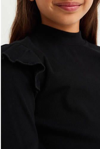 WE Fashion longsleeve met ruches zwart Meisjes Stretchkatoen Ronde hals 110 116 - Foto 3