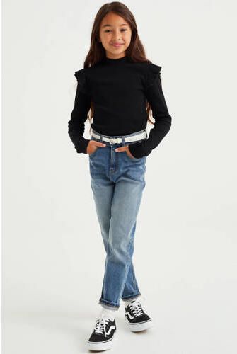 WE Fashion longsleeve met ruches zwart Meisjes Stretchkatoen Ronde hals 110 116 - Foto 4