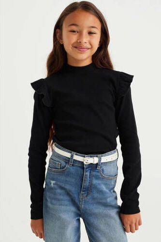WE Fashion longsleeve met ruches zwart Meisjes Stretchkatoen Ronde hals 110 116 - Foto 5