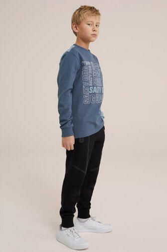WE Fashion longsleeve met tekst blauw Jongens Katoen Ronde hals Tekst 110 116