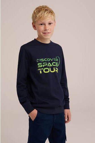WE Fashion longsleeve met tekst donkerblauw Jongens Katoen Ronde hals Tekst 170 176