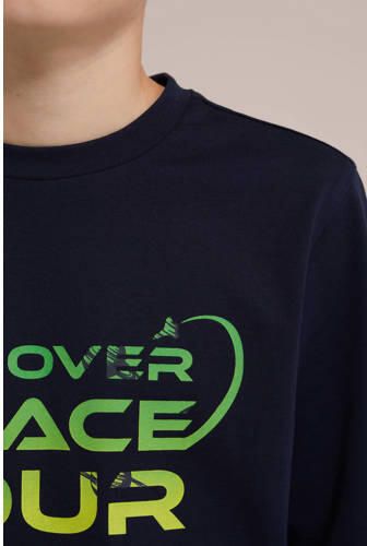 WE Fashion longsleeve met tekst donkerblauw Jongens Katoen Ronde hals Tekst 170 176 - Foto 2