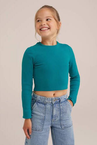 WE Fashion longsleeve petrol groen Meisjes Stretchkatoen Ronde hals Effen 146 152