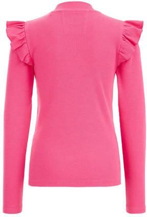 WE Fashion longsleeve roze Meisjes Stretchkatoen Ronde hals Effen 122 128