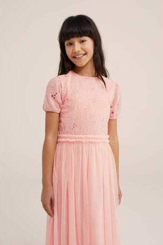 WE Fashion maxi jurk lichtroze Meisjes Polyester Ronde hals Effen 122 128