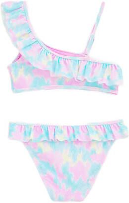 WE Fashion one shoulder bikini met ruches lichtblauw roze Meisjes Polyamide 146 152