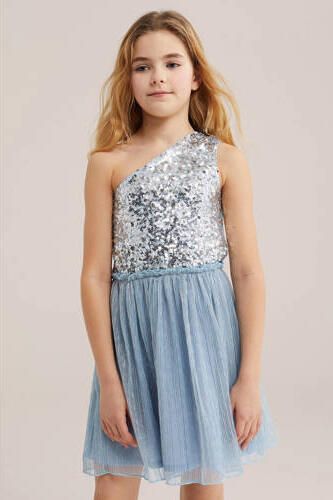 WE Fashion one shoulder jurk met pailletten zilver Effen glitter