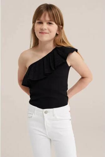 WE Fashion one shoulder top fijn gebreid Zwart Effen