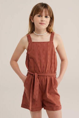 WE Fashion playsuit bruin met stippen Meisjes Katoen Vierkante hals Stip