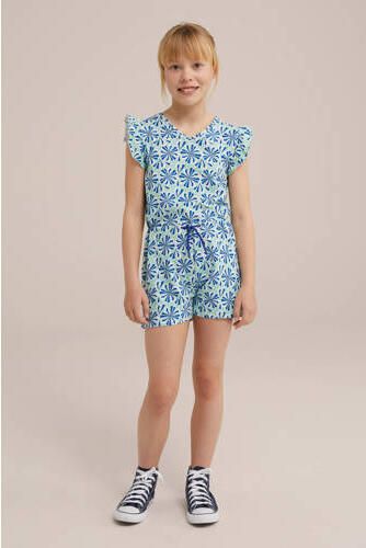 WE Fashion playsuit met all over print blauw Meisjes Stretchkatoen Ronde hals 110 116 - Foto 3