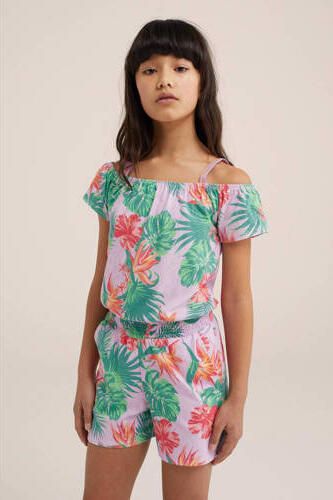 WE Fashion playsuit met all over print groen roze Meisjes Katoen Vierkante hals 110 116