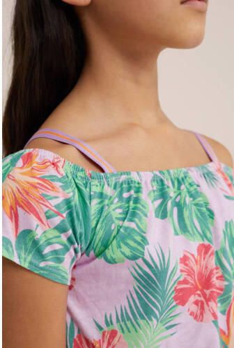 WE Fashion playsuit met all over print groen roze Meisjes Katoen Vierkante hals 110 116 - Foto 2