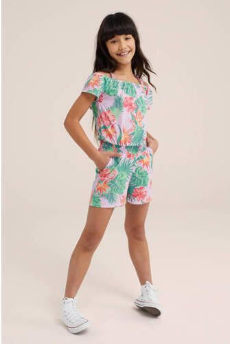 WE Fashion playsuit met all over print groen roze Meisjes Katoen Vierkante hals 110 116 - Foto 3