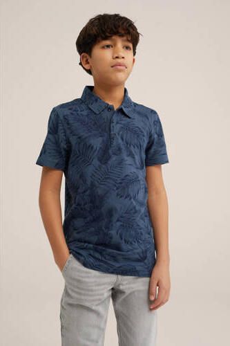 WE Fashion polo met bladprint donkerblauw Jongens Katoen Polokraag Blad 110 116
