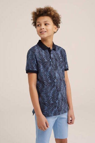 WE Fashion polo met bladprint donkerblauw Jongens Katoen Polokraag Blad 122 128 - Foto 3