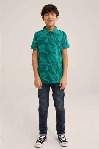 WE Fashion polo met bladprint groen Jongens Katoen Polokraag Blad 110 116