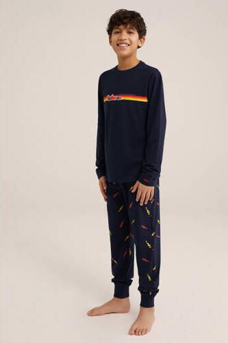 WE Fashion pyjama met all over print donkerblauw Jongens Stretchkatoen Ronde hals 110 116 - Foto 2