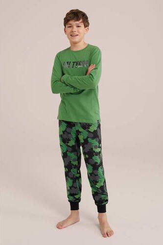 WE Fashion Salty Dog pyjama met all over print groen zwart Jongens Stretchkatoen Ronde hals 170 176