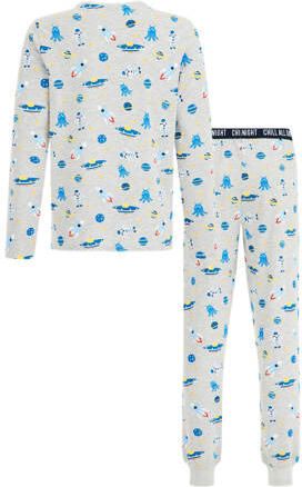 WE Fashion pyjama met all over print lichtgrijs melange blauw Jongens Stretchkatoen Ronde hals 110 116
