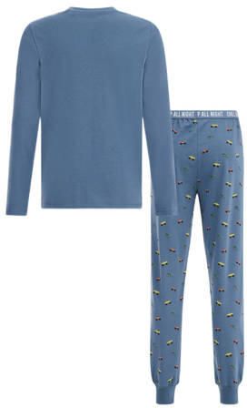 WE Fashion pyjama met printopdruk middenblauw Jongens Stretchkatoen Ronde hals 110 116