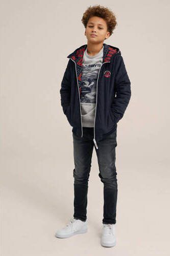 WE Fashion reversible gewatteerde tussenjas van polyester donkerblauw rood 122 128 - Foto 2