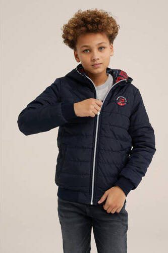 WE Fashion reversible gewatteerde tussenjas van polyester donkerblauw rood 122 128 - Foto 3