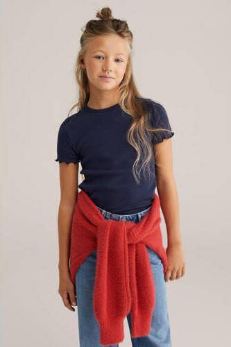 WE Fashion ribgebreid T-shirt blue nights Blauw Meisjes Katoen Ronde hals 170 176 - Foto 3
