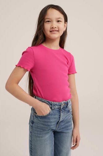 WE Fashion ribgebreid T-shirt intense pink Roze Meisjes Katoen Ronde hals 110 116