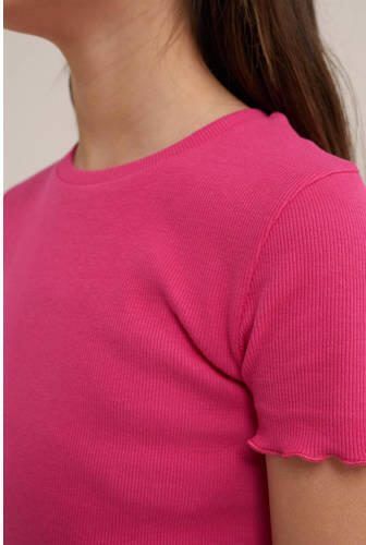 WE Fashion ribgebreid T-shirt intense pink Roze Meisjes Katoen Ronde hals 110 116 - Foto 2