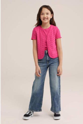 WE Fashion ribgebreid T-shirt intense pink Roze Meisjes Katoen Ronde hals 110 116 - Foto 3