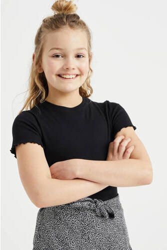 WE Fashion ribgebreid T-shirt met borduursels zwart Meisjes Katoen Ronde hals 170 176 - Foto 2