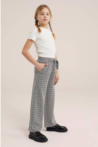 WE Fashion ribgebreid T-shirt offwhite Ecru Meisjes Katoen Ronde hals Effen 122 128