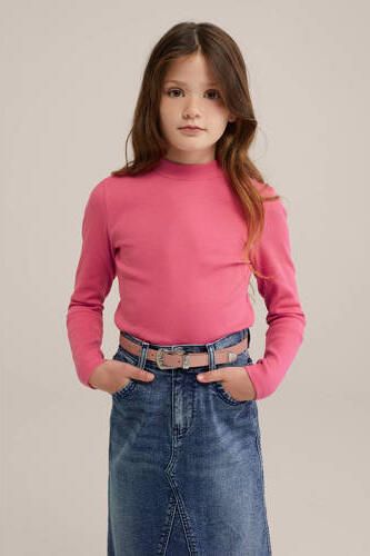 WE Fashion ribgebreide longsleeve felroze Meisjes Katoen Col Effen 110 116 - Foto 3